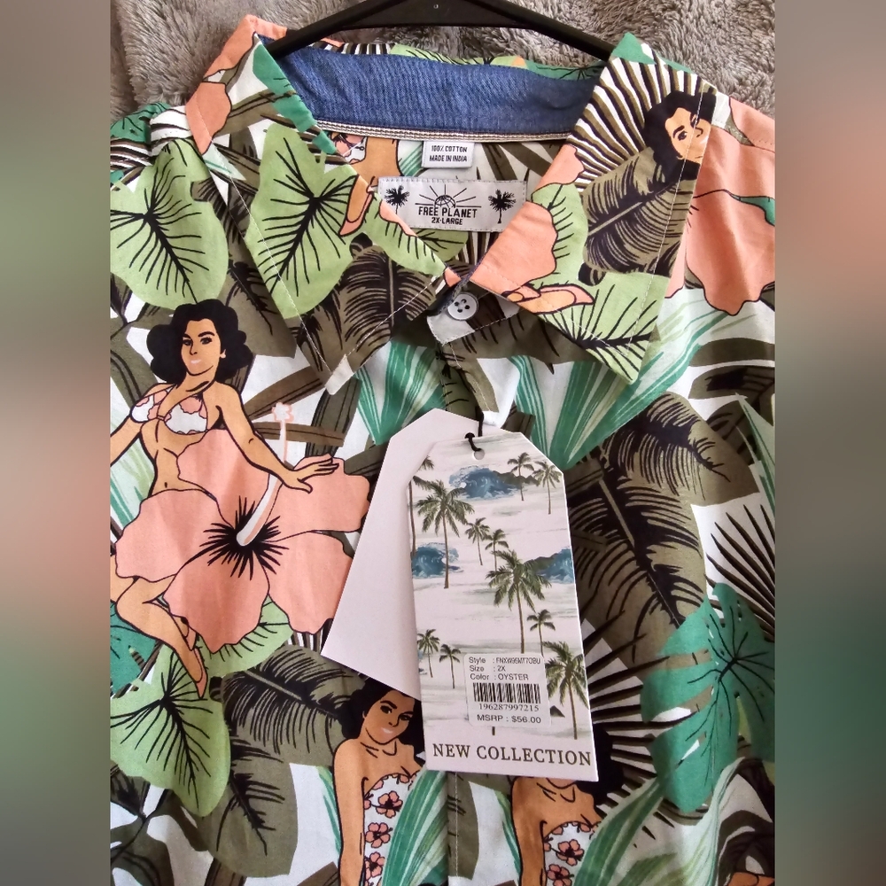 Free Planet Men's Hawaiian Hula Girl Button Up Short Sleeve Shirt 2XL